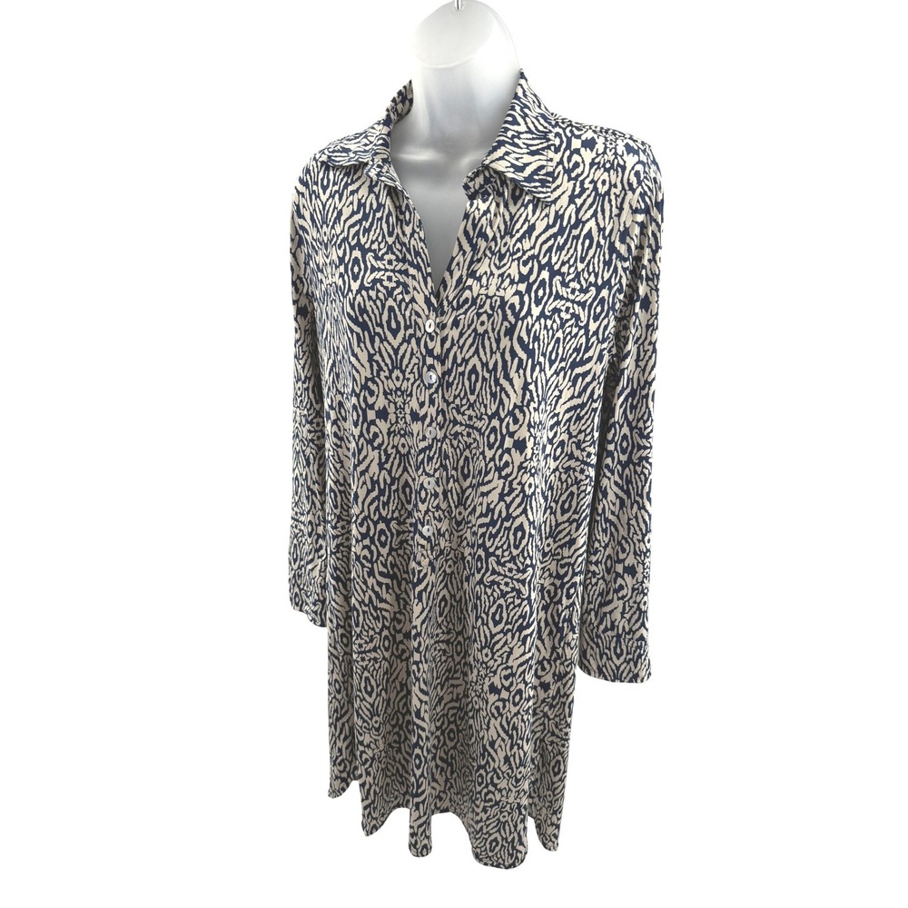 La Mer Luxe Navy Blue Cream Animal Print Shirt Dress Small Stretch Long Sleeve